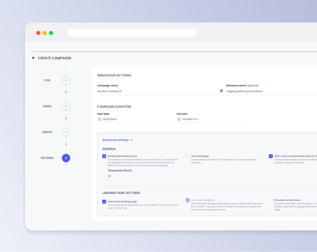 OutThink AI-powered phishing simulator campaign creation settings showing targeted simulations options for compromised users.