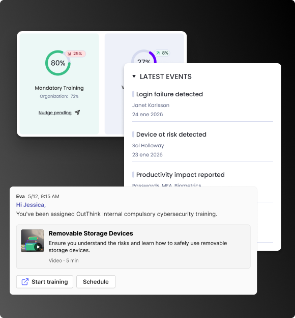 OutThink's conversational training experiences showing interactive security scenarios and personalized learning paths.
