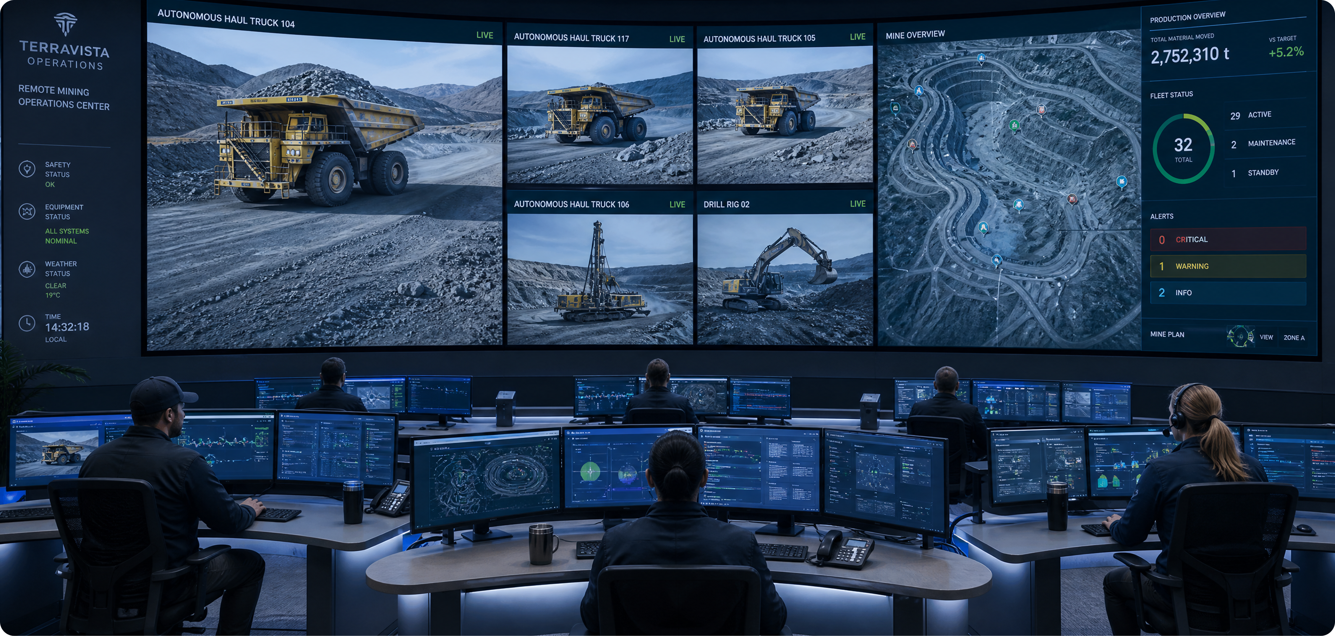 Remote mining operations center with live haul-truck and drill-rig monitoring dashboards