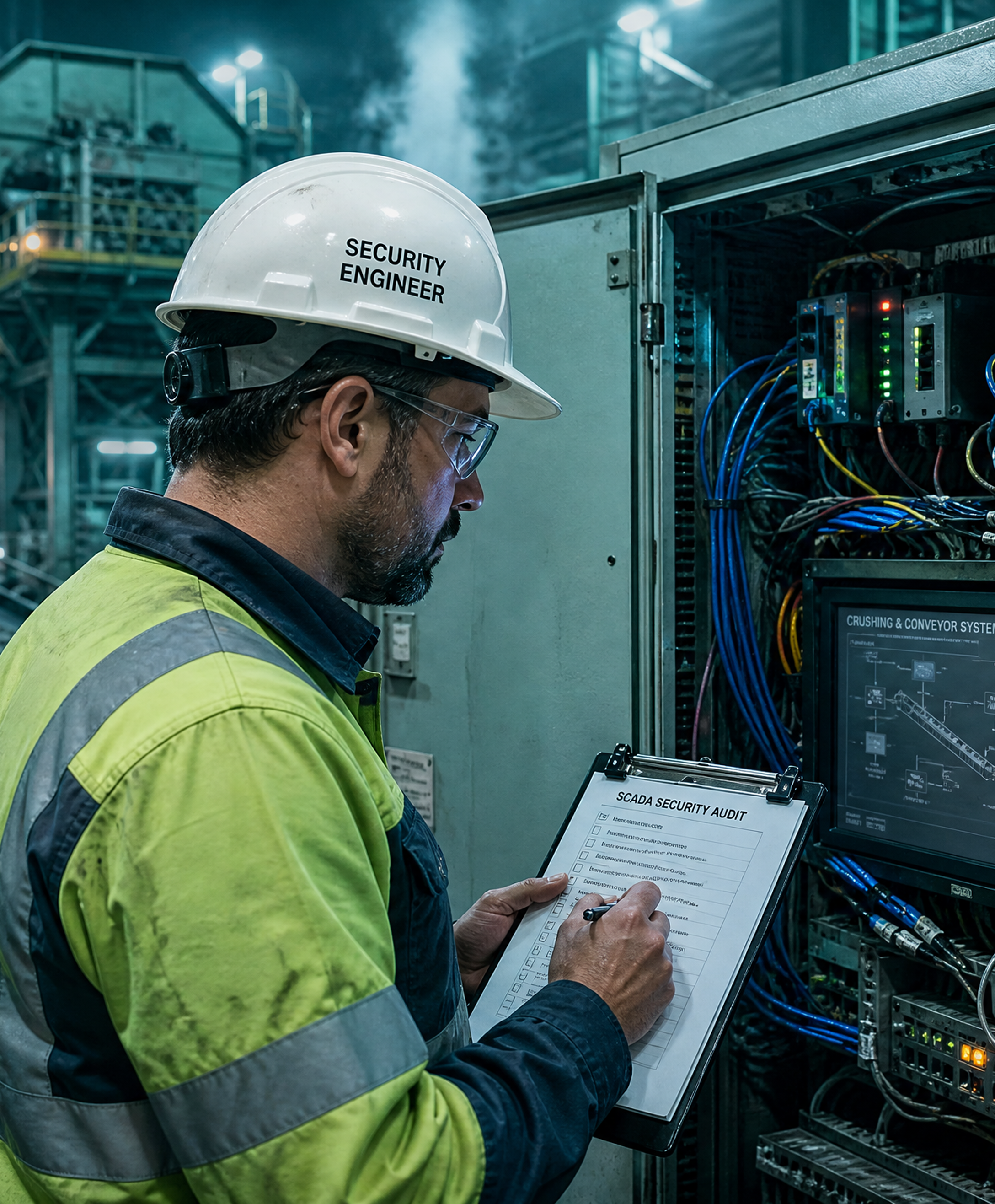 Mining security engineer completing a SCADA security audit at a control cabinet