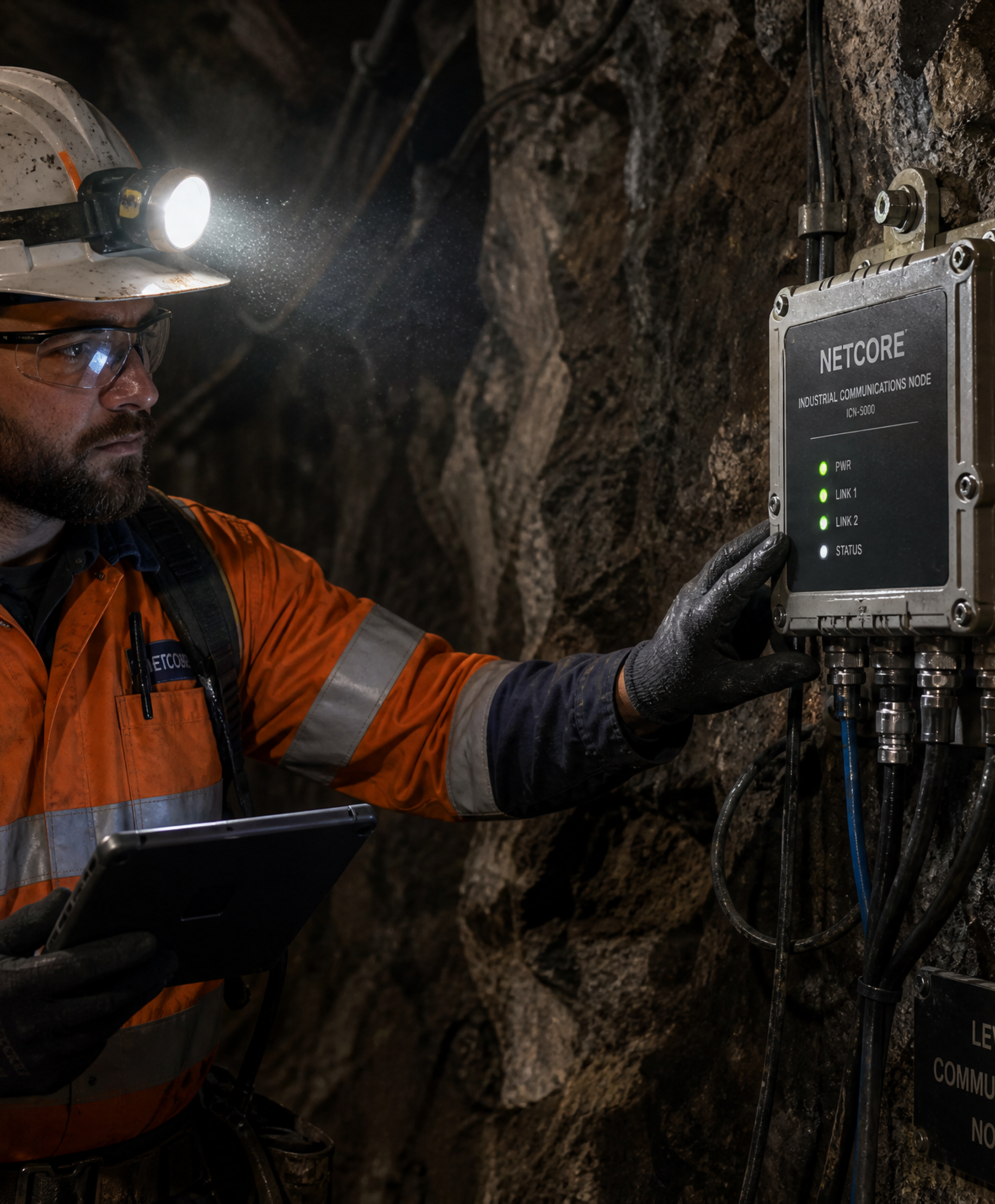 Mining security engineer completing a SCADA security audit at a control cabinet