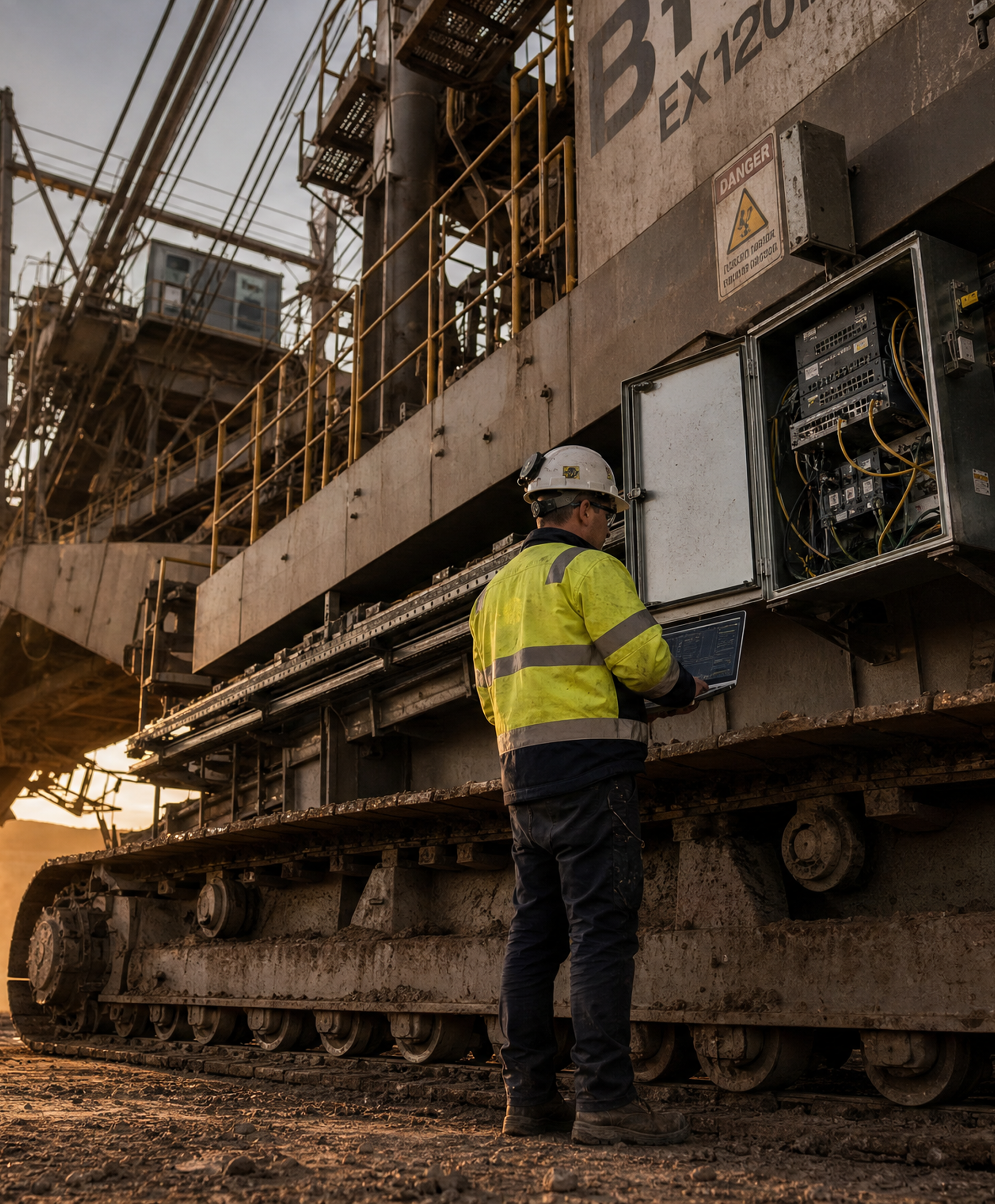 Mining security engineer completing a SCADA security audit at a control cabinet
