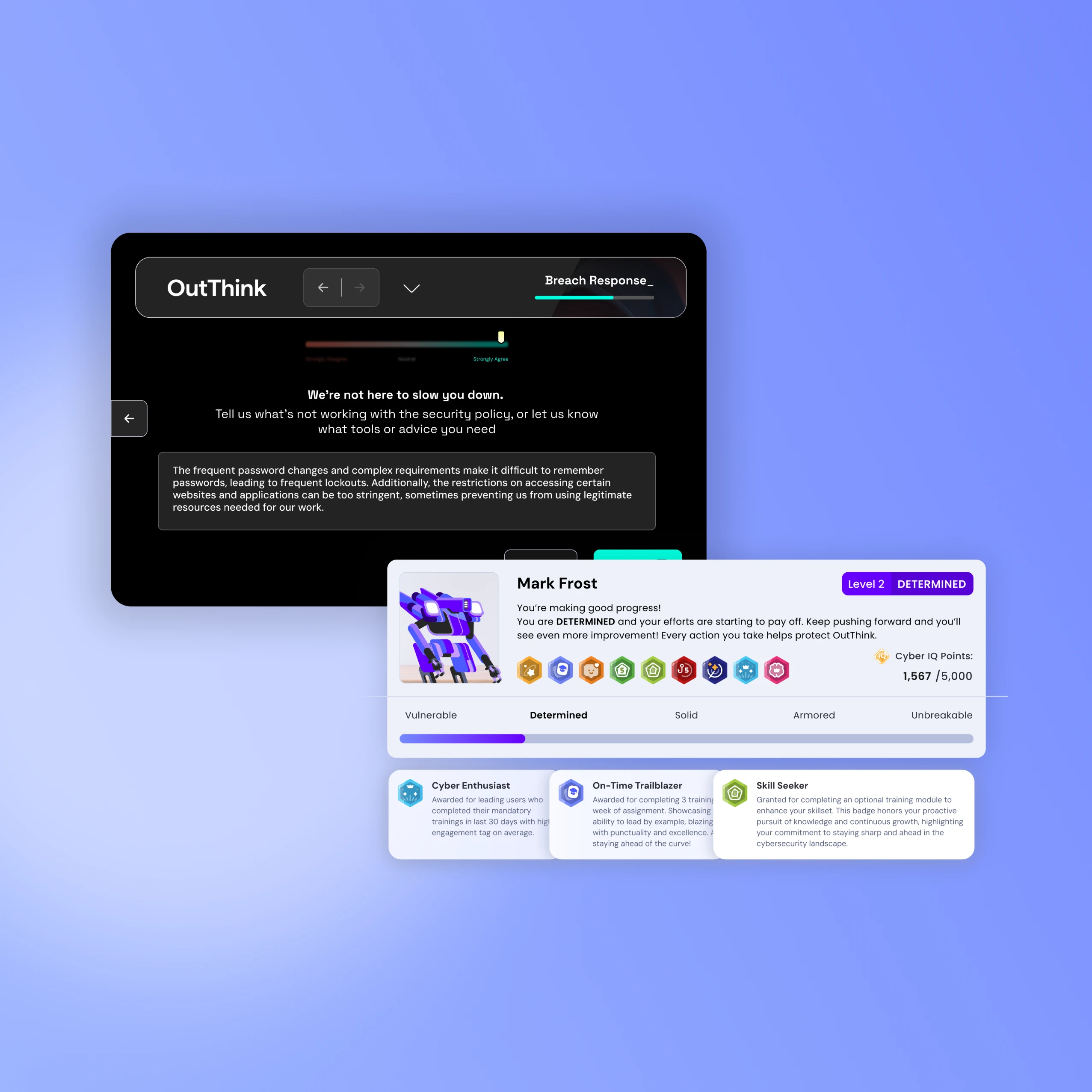 OutThink cybersecurity human risk management CyberIQ interface displaying user leaderboard, badges, and progress analytics.