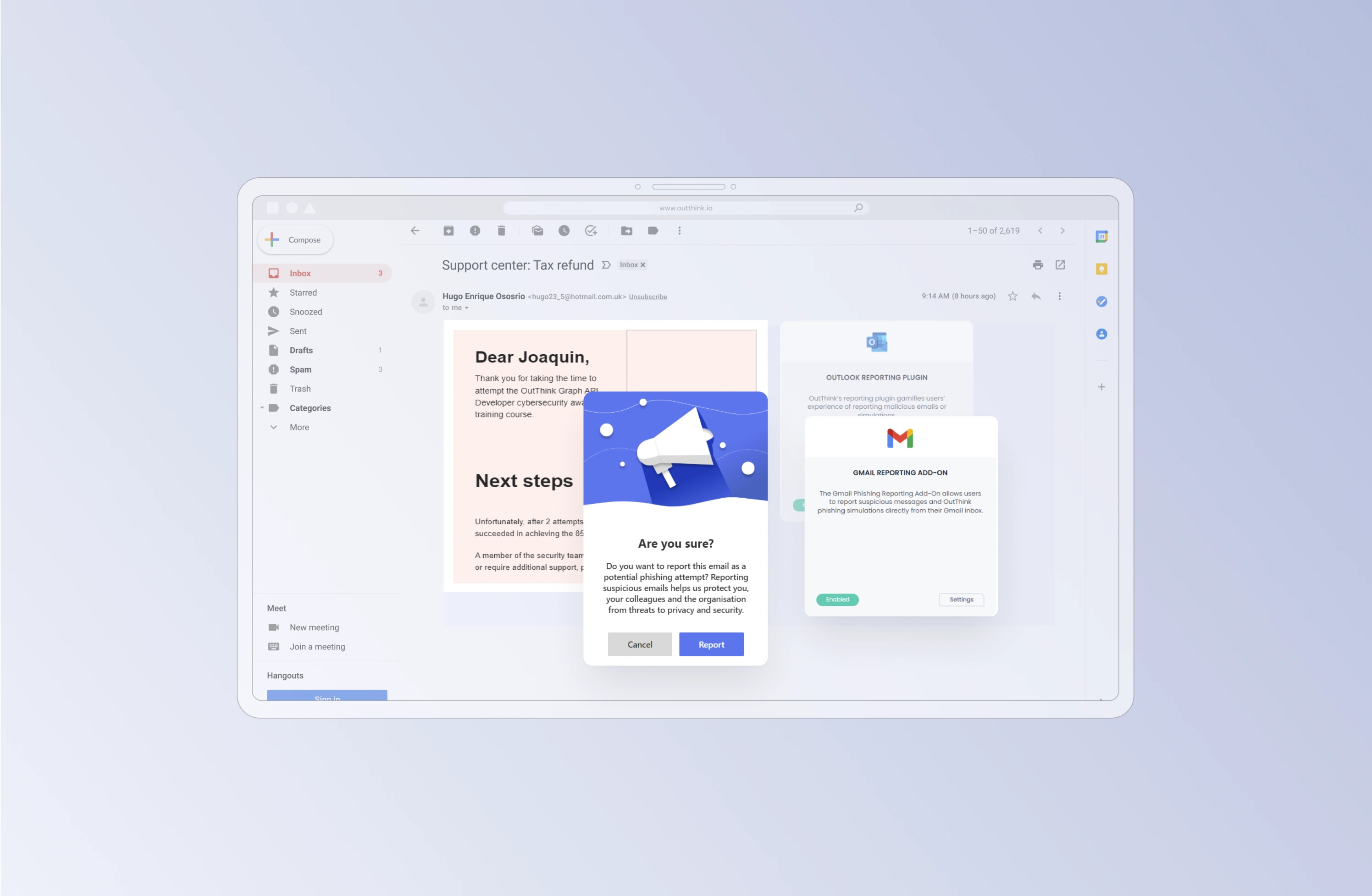 OutThink's Cybersecurity Human Risk Management platform with email threat reporting via Microsoft Outlook and Gmail plug-ins.