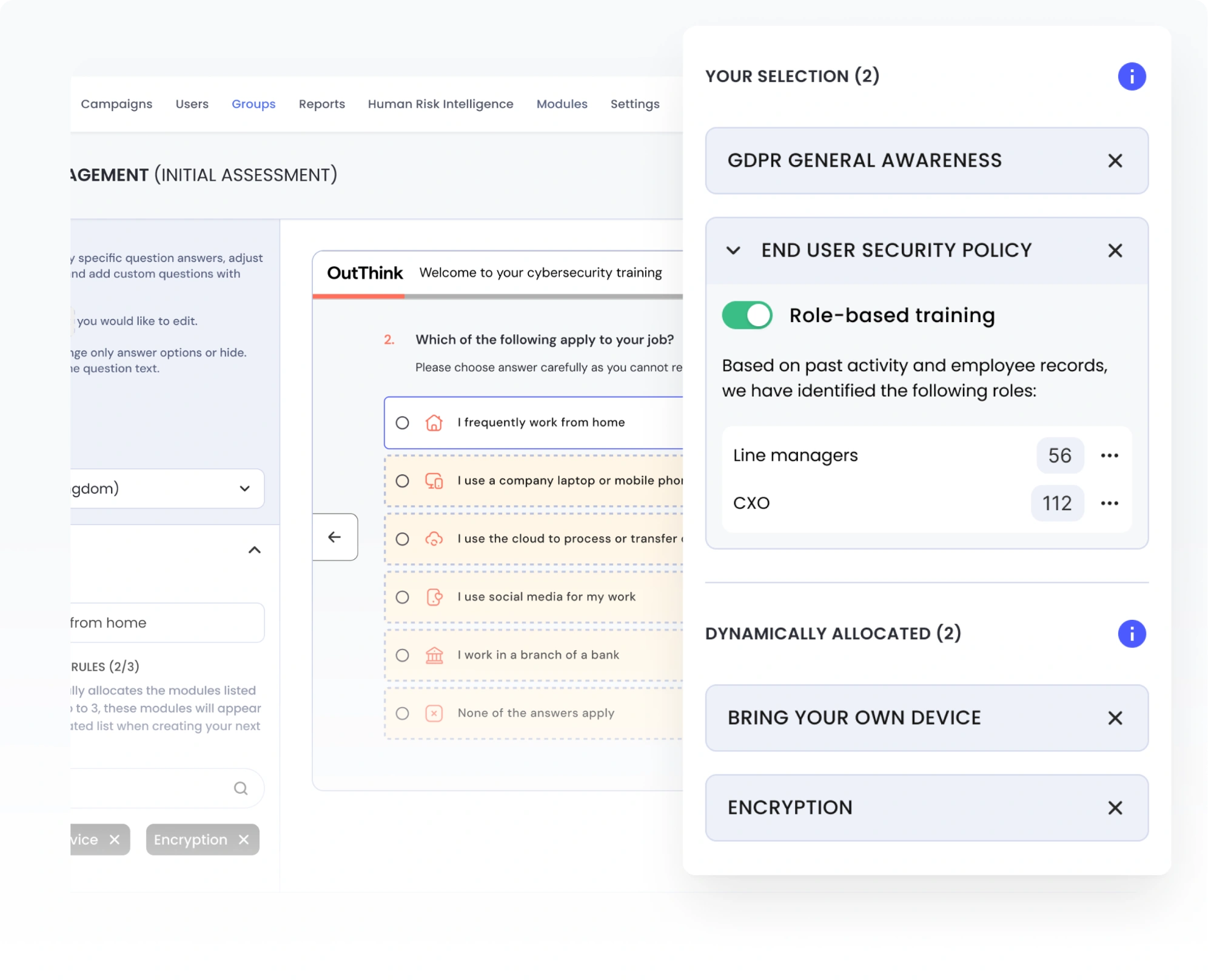 OutThink's dynamic content allocation interface for adaptive security awareness training tailored to individual users.
