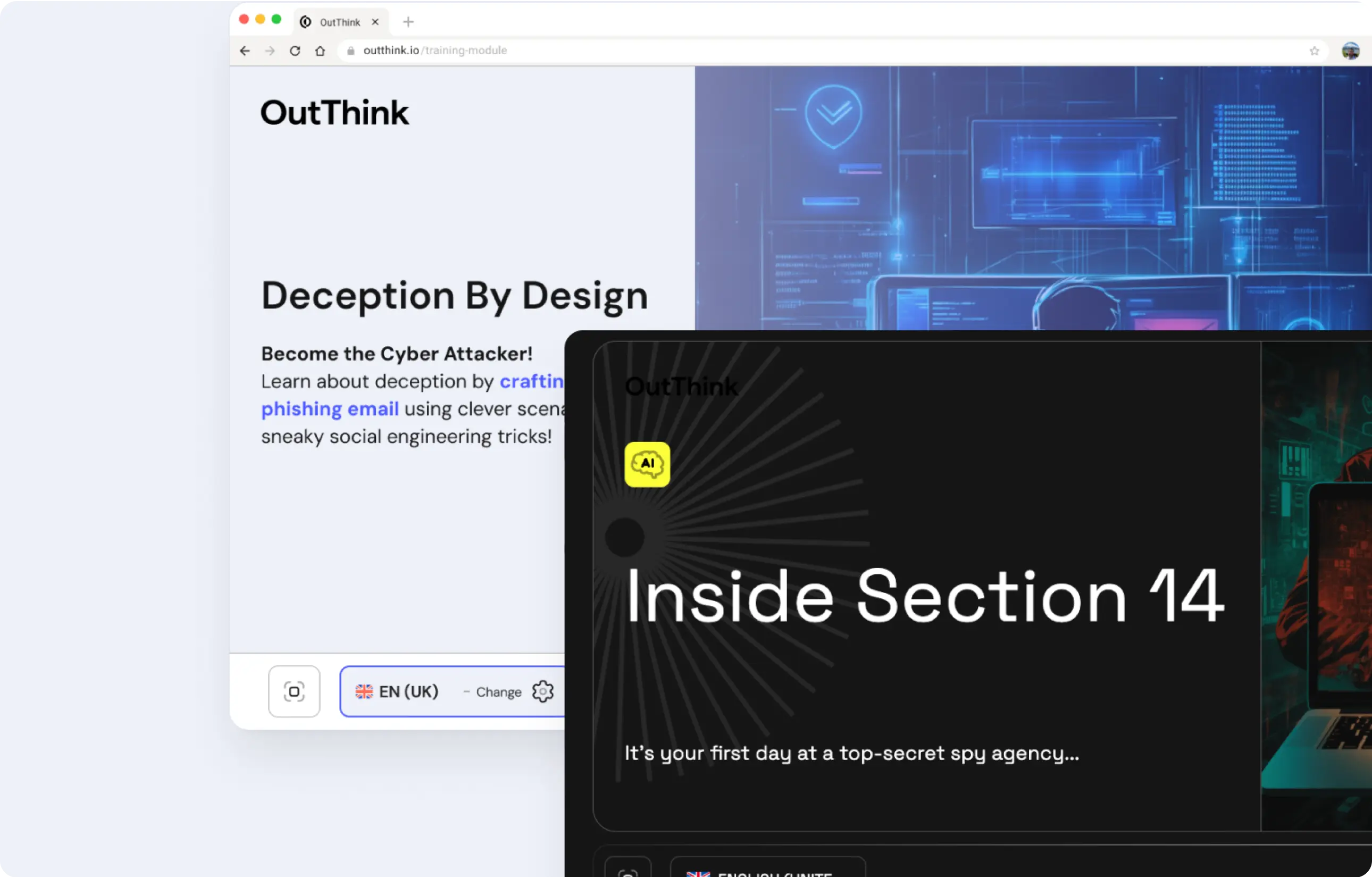 OutThink's Adaptive Security Awareness Training showing 2 AI-powered, conversational training modules to enhance experience.