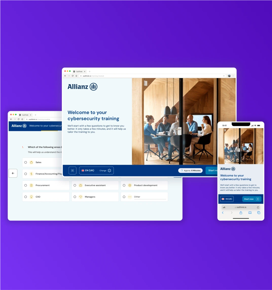 OutThink's Human Risk Management platform showing security awareness training customizable for branding and policies.