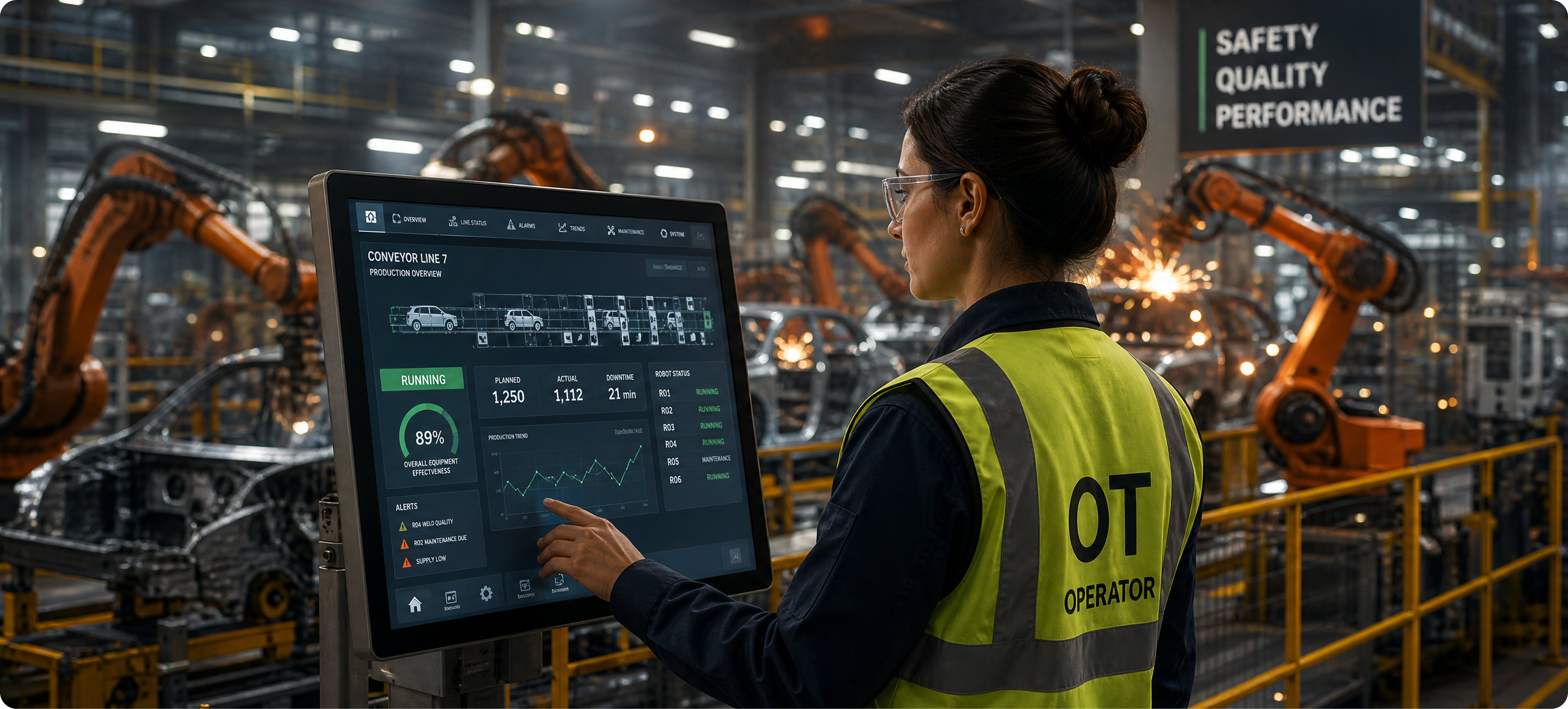 Manufacturing operator monitoring a production line dashboard