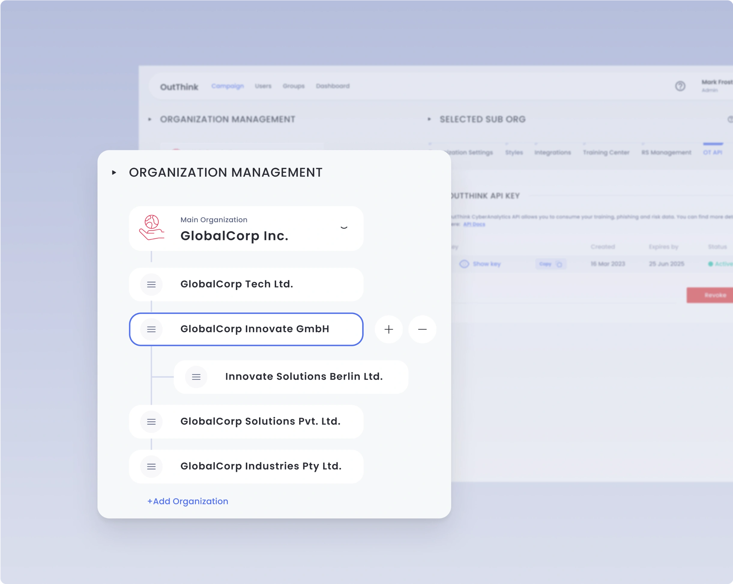 OutThink's cybersecurity human risk management platform showing multi-tenant management with subtenants under a main tenant.