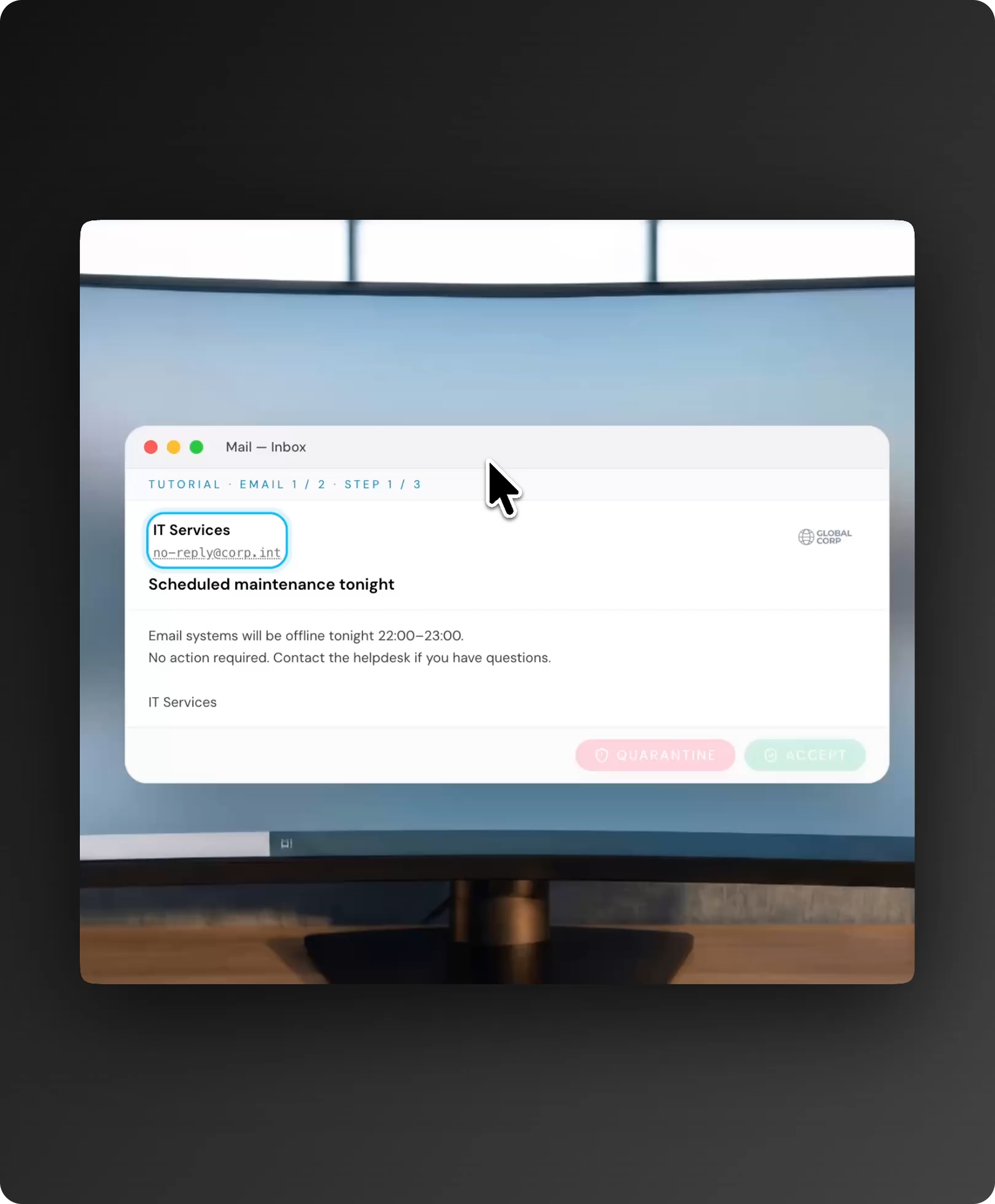 A simulated IT Services phishing email opened inside a Cyber Range