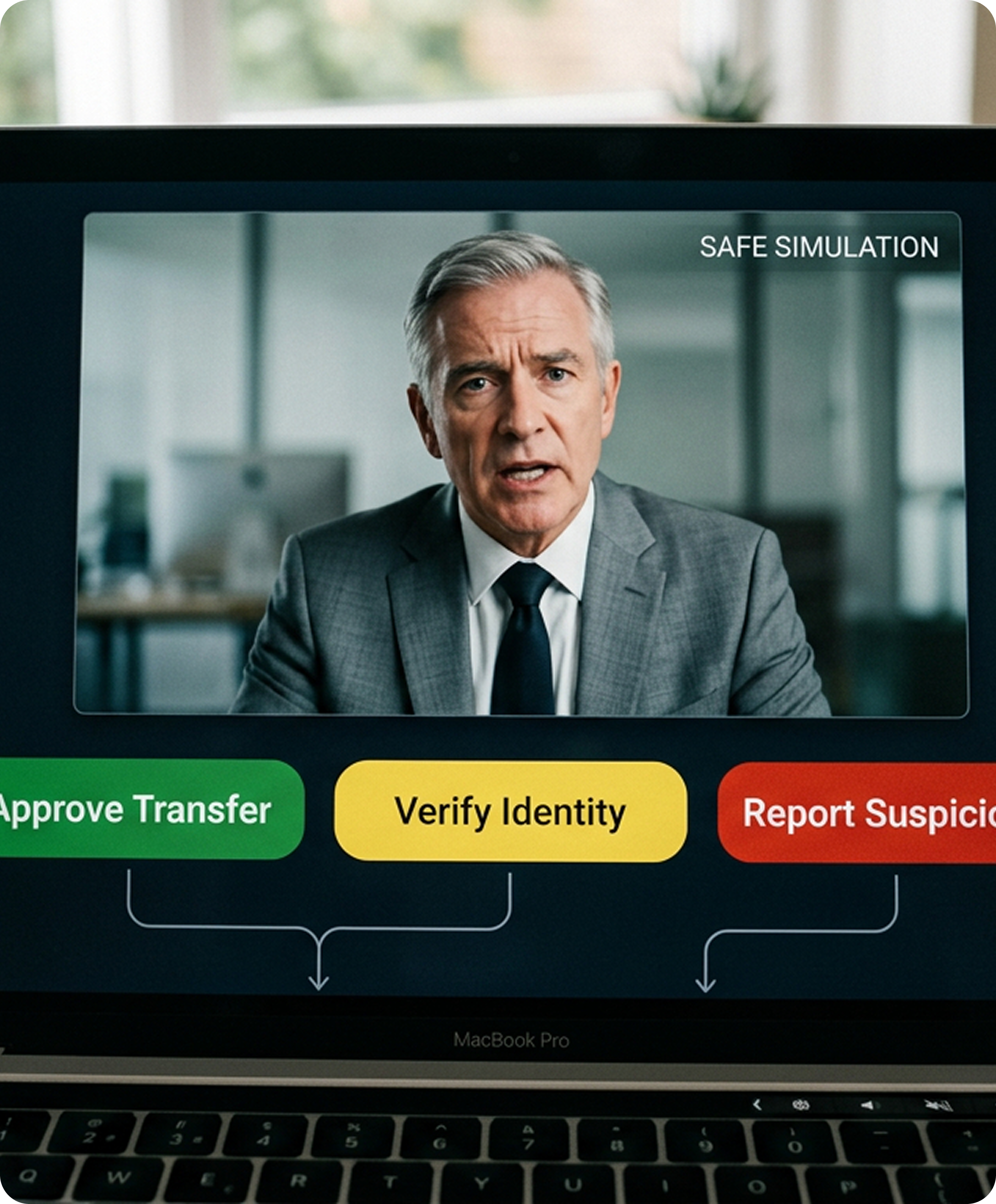 A deepfaked CEO video call with Approve, Verify and Report choices